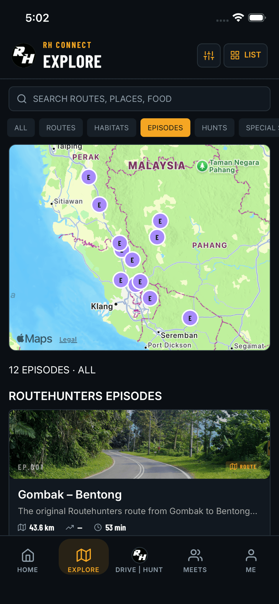 RH Connect Explore map screen showing Routes and nearby experiences